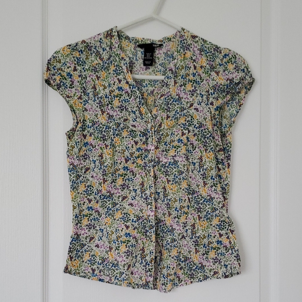 Blouse Blue & Yellow LOVE Flowers Puff Sleeve Blouse with Mandarin Collar